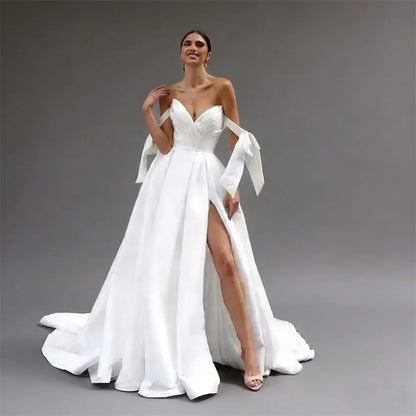 Customized Elegant Simple Satin Sweetheart Wedding Dresses Women Bow Pleated High Slit Bridal Gowns Button A-line Bride Dress