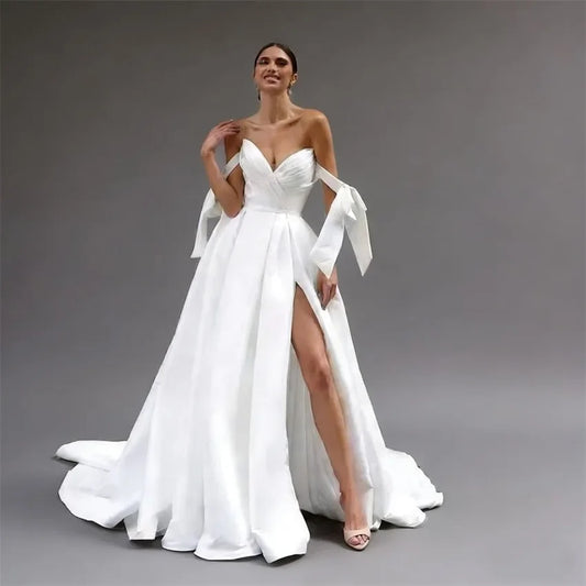 Customized Elegant Simple Satin Sweetheart Wedding Dresses Women Bow Pleated High Slit Bridal Gowns Button A-line Bride Dress