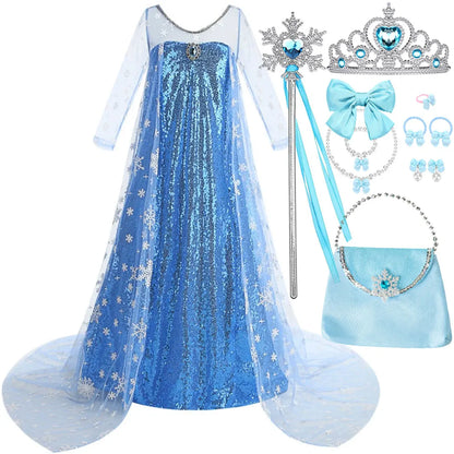 New Sequined Blue Elsa Party Dress For Girl Role Play Princess Apparel Toddler up Birthday Festival Carnival Apparel Accessories