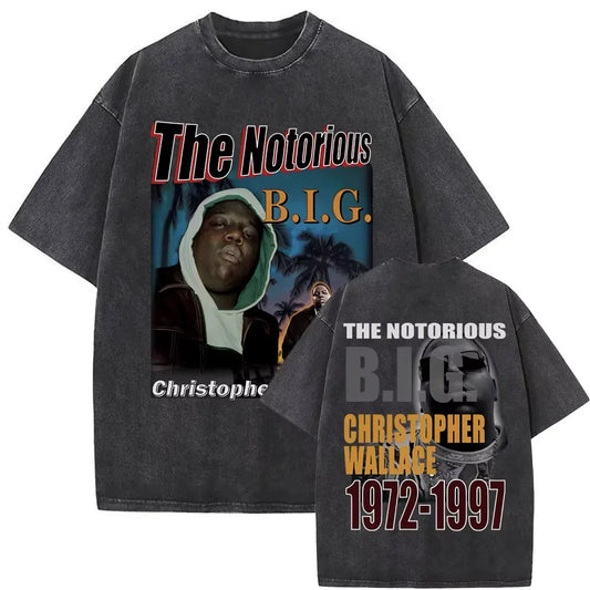 Washed Vintage Rapper The Notorious Big World Tour 97 T-shirt Biggie Smalls Print T Shirts Men Women Hip Hop Oversized T-shirts