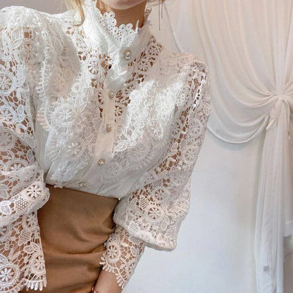 Vintage Solid White Lace Blouse Shirts Women New Korean Button Loose Shirt Tops Female Hollow Casual Ladies Blouses Blusas