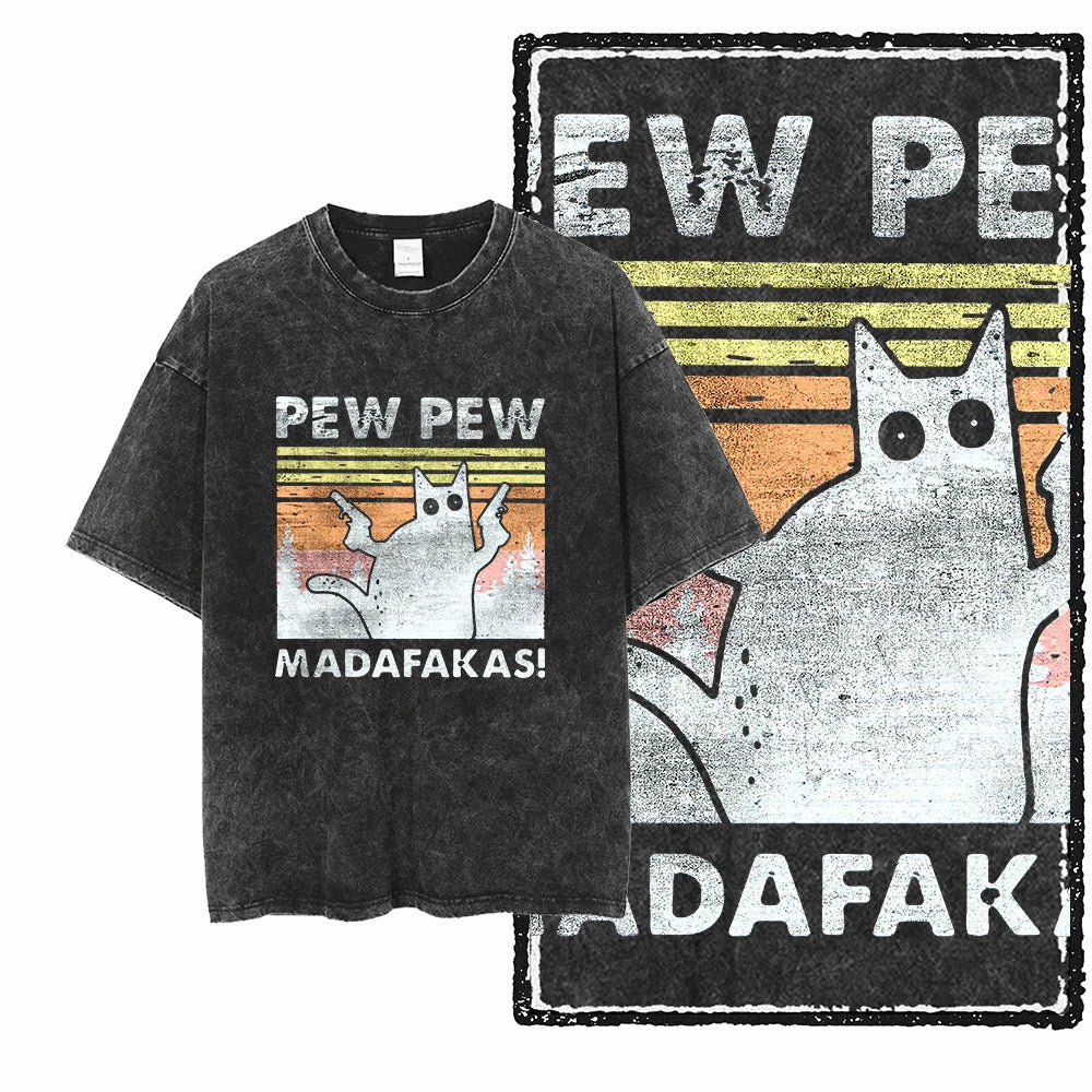 Cat Printed Cotton Acid Washed Exclusive Graphic Unisex T Shirt Cool Streetwear Men Tshirts Big Size Tee for Men