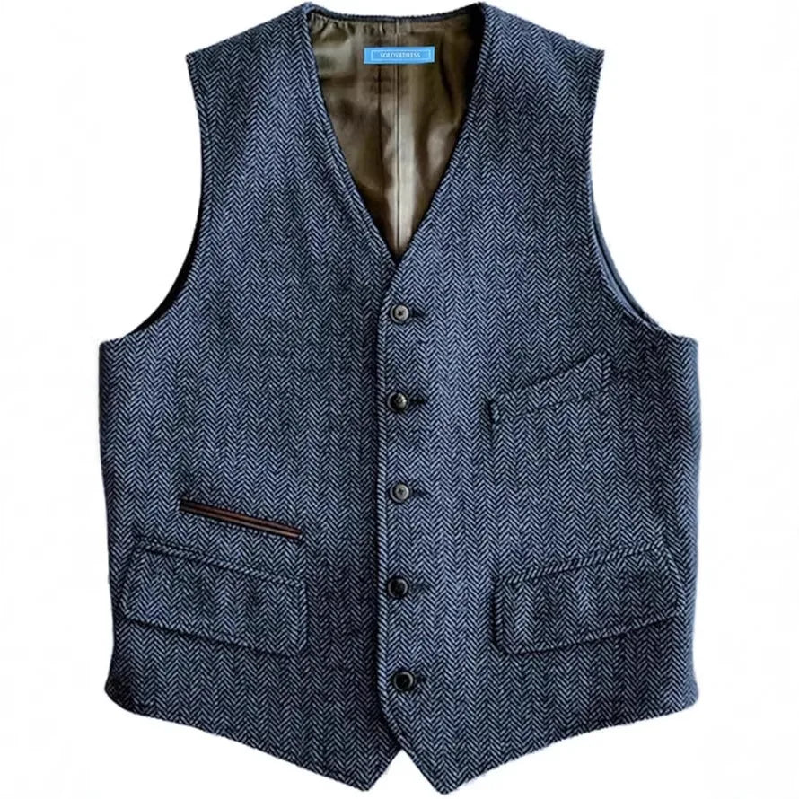 Men's Houndstooth Wool Vest British Style Business Waistcoat Casual Sleeveless Jacket Ready‑to‑Ship Business Outfit  for Men