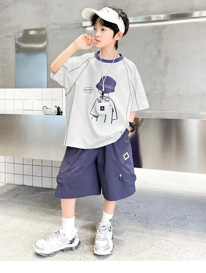 Teenage Summer Tracksuit for Boy with Shorts Tshirt 2 Piece Top and Bottom Clothes Set Kids Child Casual Cotton Outfit Suit Wear