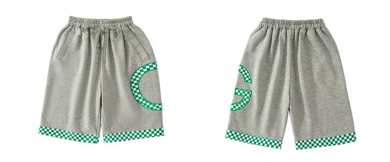 Summer Boys Cotton Alphabet Cartoon T-Shirt Tops+Patchwork Plaid Shorts Pant Set School Kids Tracksuit Child 2PCS Outfit 5-14Yr