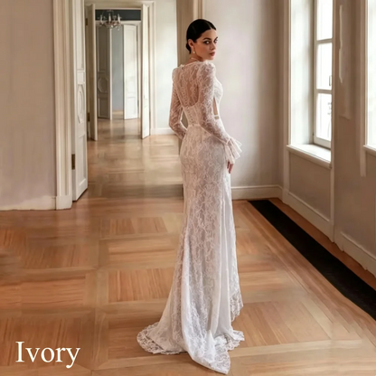 Boho Lace Appliques Mermaid Wedding Dress Simple Long Sleeves Sexy Deep V-Neck Cut-out Bridal Gown High Slit Vestidos Customized