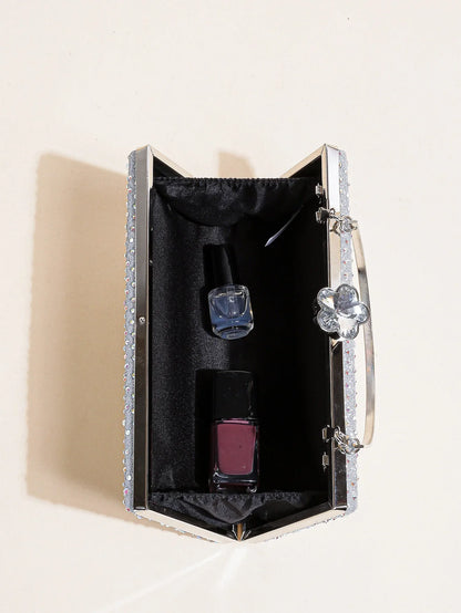 Classic Elegant Mini Square Rhinestone Decor Evening Clutch Bag, Clip Women's Dinner Wallet, Luxury Prom Bag