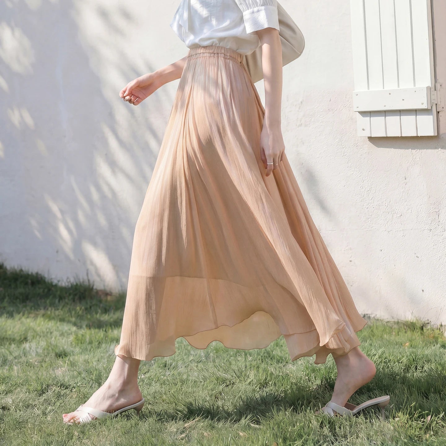 Women's Gray Elegant Skirt 2026 Summer Elastic Waist Sheen Flowy A Line Long Skirt for Woman Ladies Clothes 162QG4909