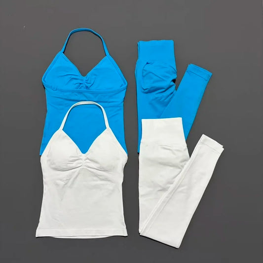 2Piece Sports Gym Set Women Longline Strappy Top Fitness Clothes Seamless Yoga Set Running Workout Sports Leggings Sets