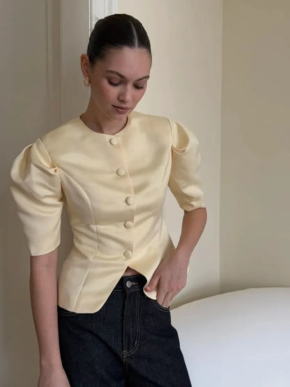 KT Elegant Satin Puff Sleeve Blouse for Women Round Neck Button Down Fitted Waist Asymmetric Hem Office & Formal Wear Tops