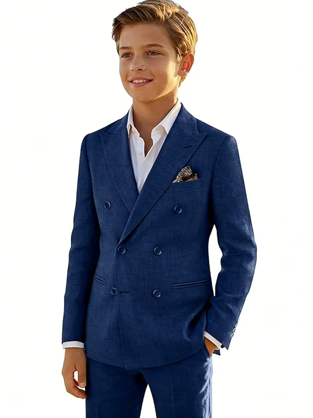 Boys Linen Suit Set 2 Pieces Banquet Party Wear Double Breasted Kids Tuxedo With Jacket Pants For Birthday Gift Elegant Suits