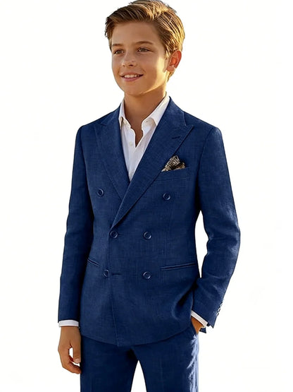Boys Linen Suit Set 2 Pieces Banquet Party Wear Double Breasted Kids Tuxedo With Jacket Pants For Birthday Gift Elegant Suits