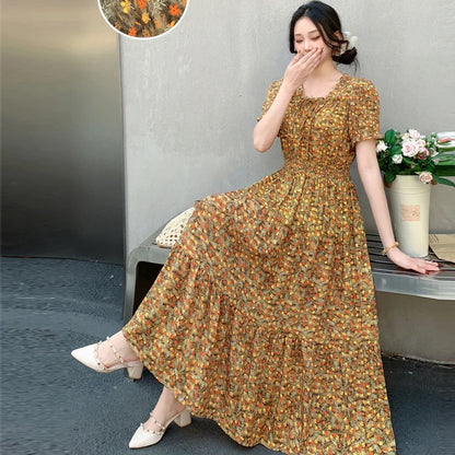Summer New Cotton Silk Floral Print Maxi Dr ort Sve Beachwear High Waist Young Women's Large Skirt Swing Dr