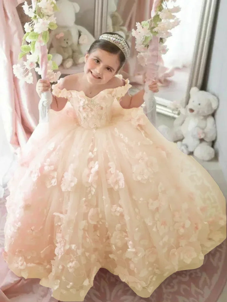 Pink 3d Applique Flower Girl Dress For Wedding Off Shoulder Luxurious Pearls Tulle Child First Eucharistic Birthday Party Dress