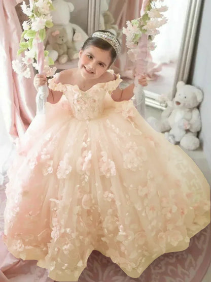 Pink 3d Applique Flower Girl Dress For Wedding Off Shoulder Luxurious Pearls Tulle Child First Eucharistic Birthday Party Dress