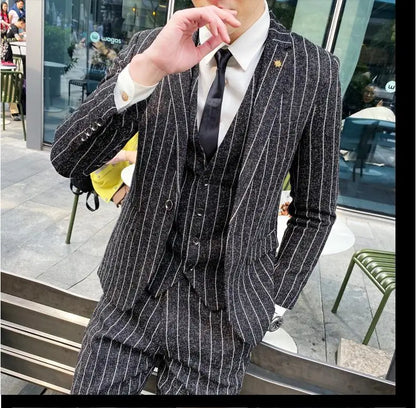 2023 Men's British Fashion Three-piece Set Slim Fit Suit Vest Trousers Ensemble Handsome Trendy All-in-one Banquet Blaze
