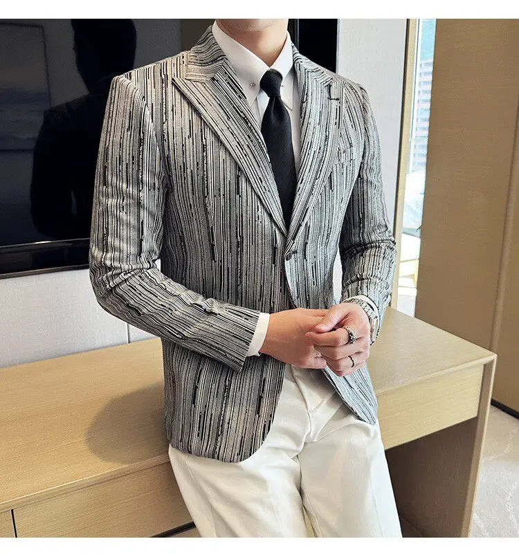 Fashion Meteor Line Checkered Elegant Suit Jacket Men Fashion De Luxe Business Slim Fit Single Breasted Social Party Dress Coats