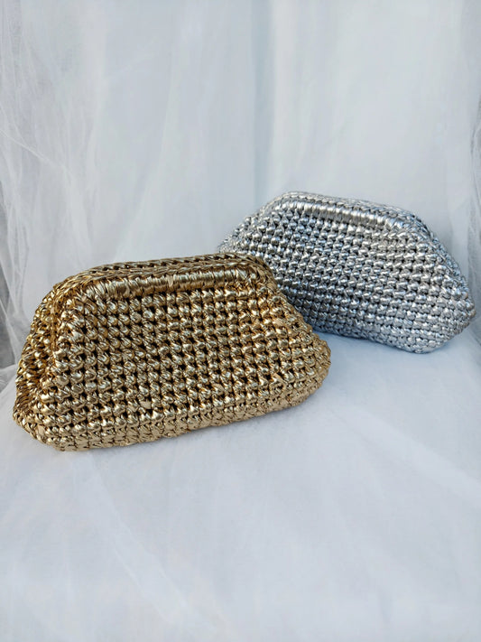 Yingzi Silver Cloth Strip Crochet Clip Bag Woven Underarm Bag Metallic Lustre Clutch Large Size Bag
