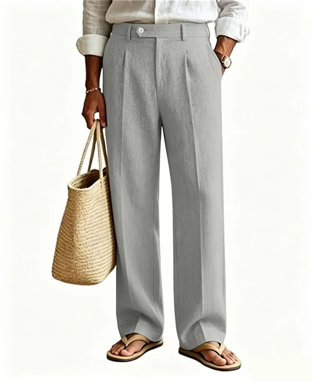 Men's Linen Beige Pants Straight Leg Trousers High Waist Pleated Lightweight Breathable Cool Summer Casual For Beach Vacation