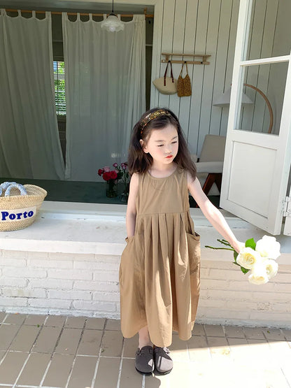 2026 New Summer Children Girls Sleeveless Dress Teen Solid Color Cotton Loose Casual Sundress Kids Vacation Style Princess Dress