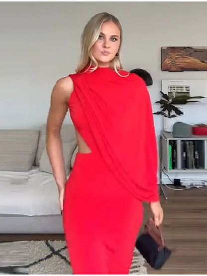 Red Asymmetrical Draped Backless Maxi Dress One Shoulder High Neck Cutout Bodycon Evening Gown For Women Formal Party