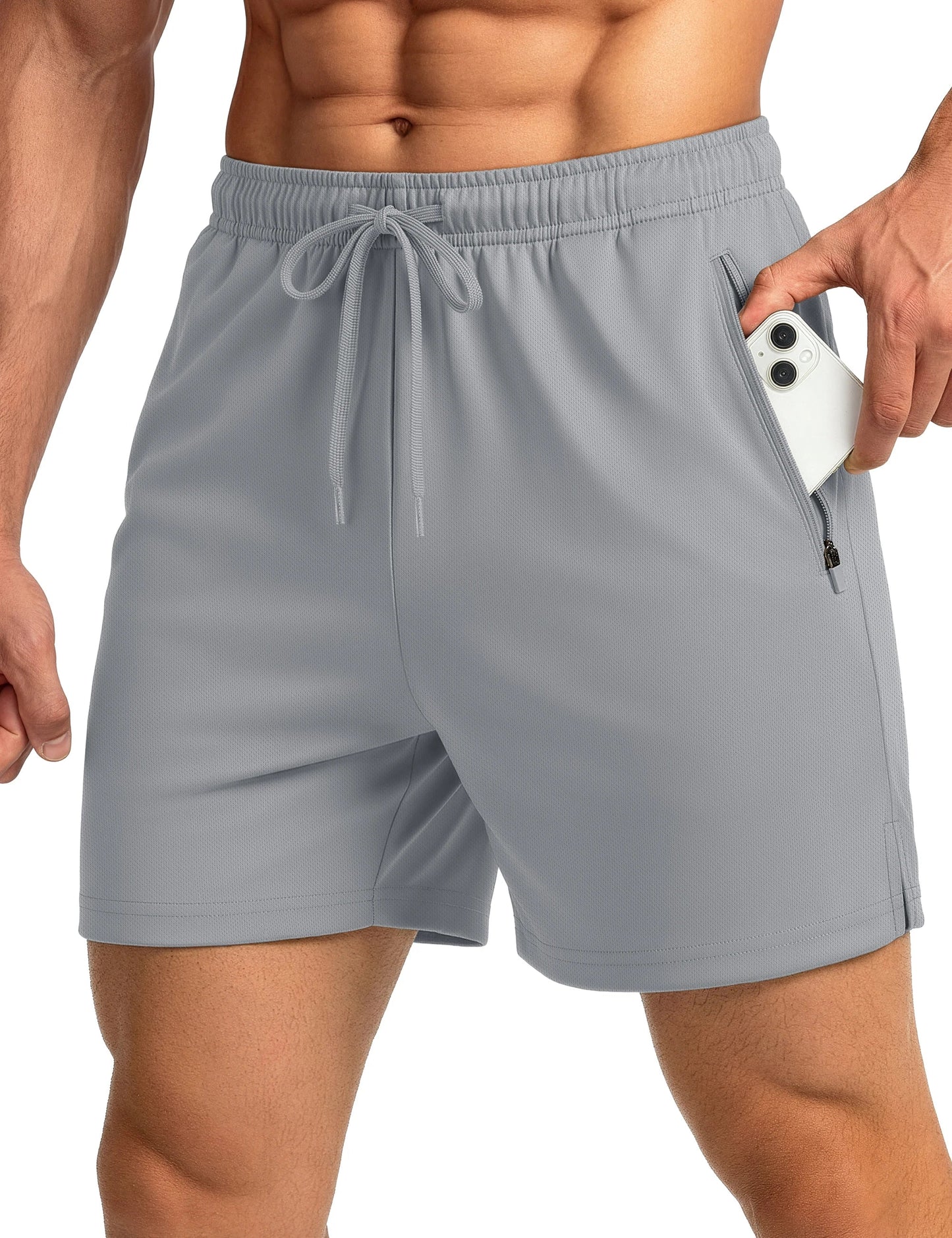 Men's Athletic Running Shorts Mesh Quick Dry Lightweight 5 inches Drawstring Gym Workout Shorts with Zipper Pockets