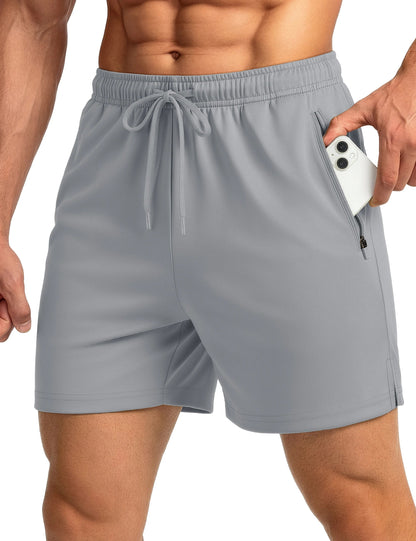 Men's Athletic Running Shorts Mesh Quick Dry Lightweight 5 inches Drawstring Gym Workout Shorts with Zipper Pockets