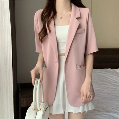 2026 Female Short Sleeved Suit Coat Women Summer Loose Fitting Solid Color Blazer Jacket Ladies Korean Leisure Tops Outerwear