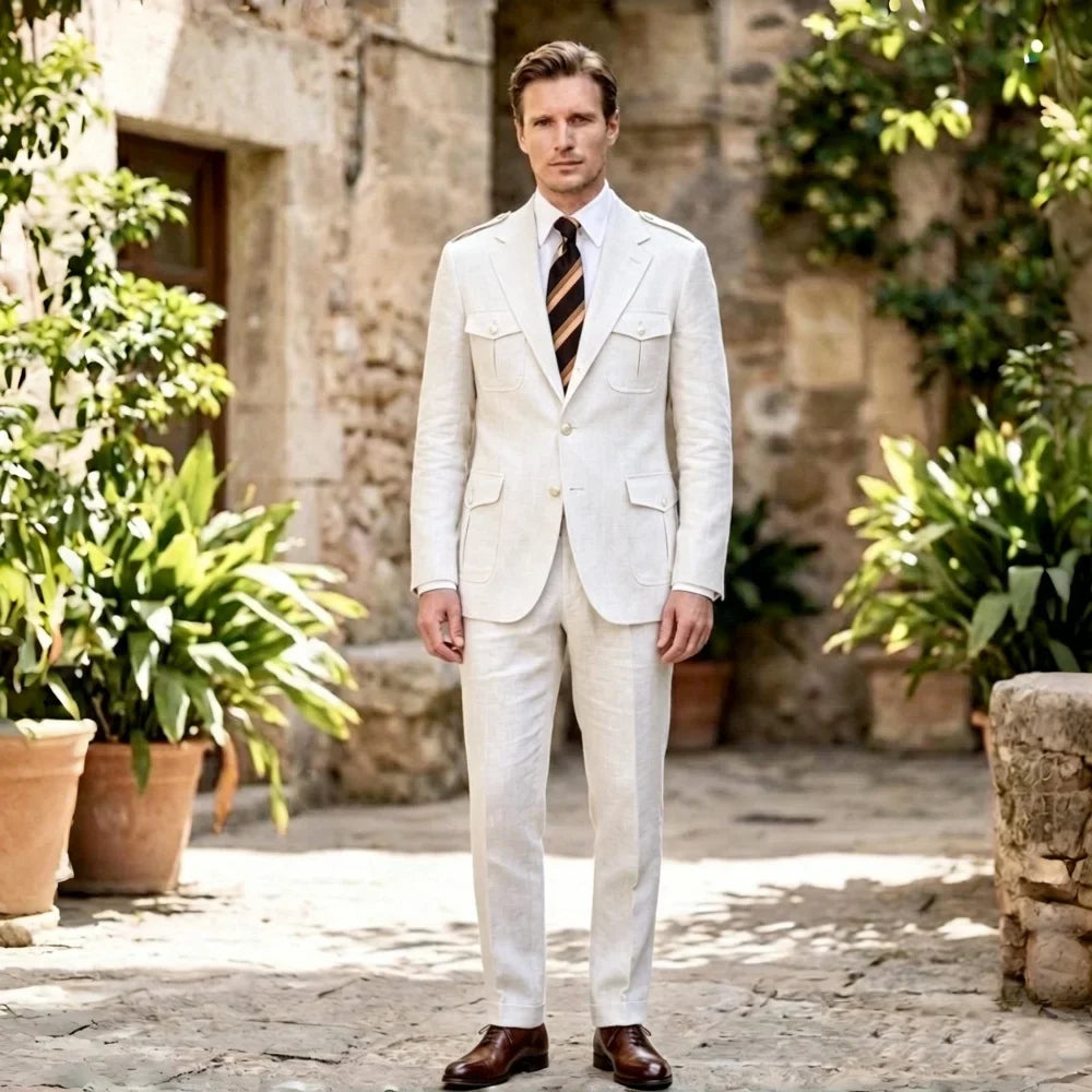 Linen Safari Suits Custom Tailored Separates 2 Pieces Blazer Pants for Men Summer Wedding Groom Tuxedo Trajes Para Hombre