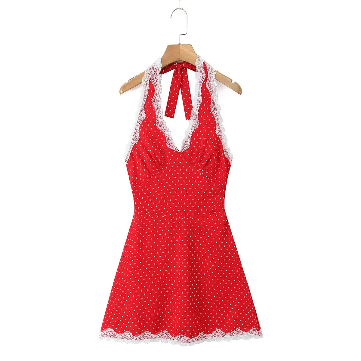 Lace Spliced Polka Dot Halter Dress Women Elegant A-line Mini Sexy Backless Dresses Summer Robe 2025