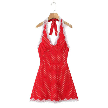 Lace Spliced Polka Dot Halter Dress Women Elegant A-line Mini Sexy Backless Dresses Summer Robe 2025