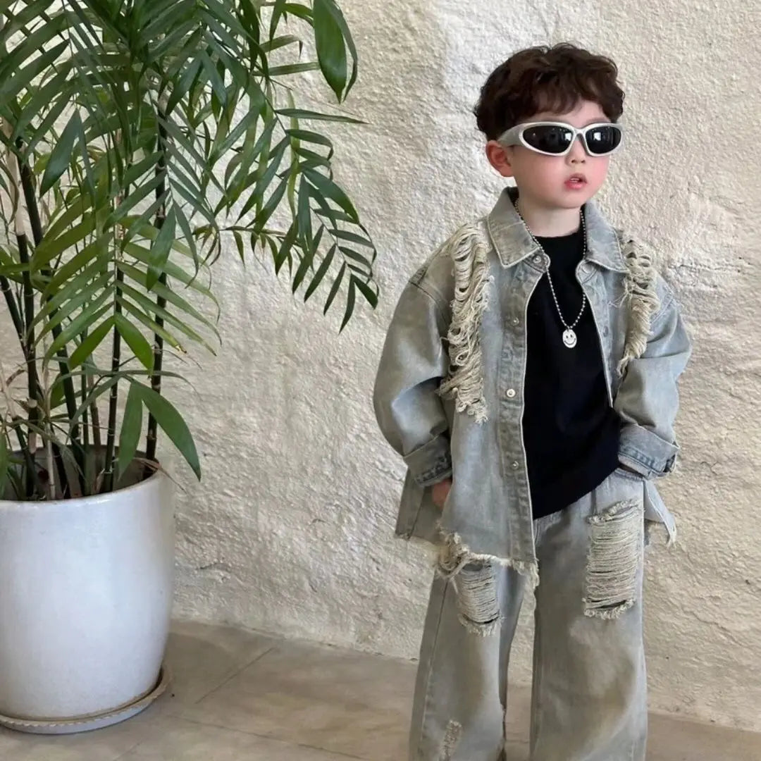 2-10Y Boys Spring Autumn Gray Retro Hole 2026 Denim Coat Pant Suit girl American Style New Loose Slimming High Waist Floor Pants