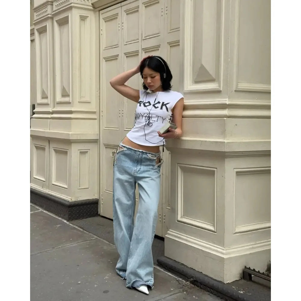 Y2K American Retro Star Cut-Out Embellished Women Blue High-Waisted Fashion Hip-Hop Streetwear Casual Loose Denim Jeans