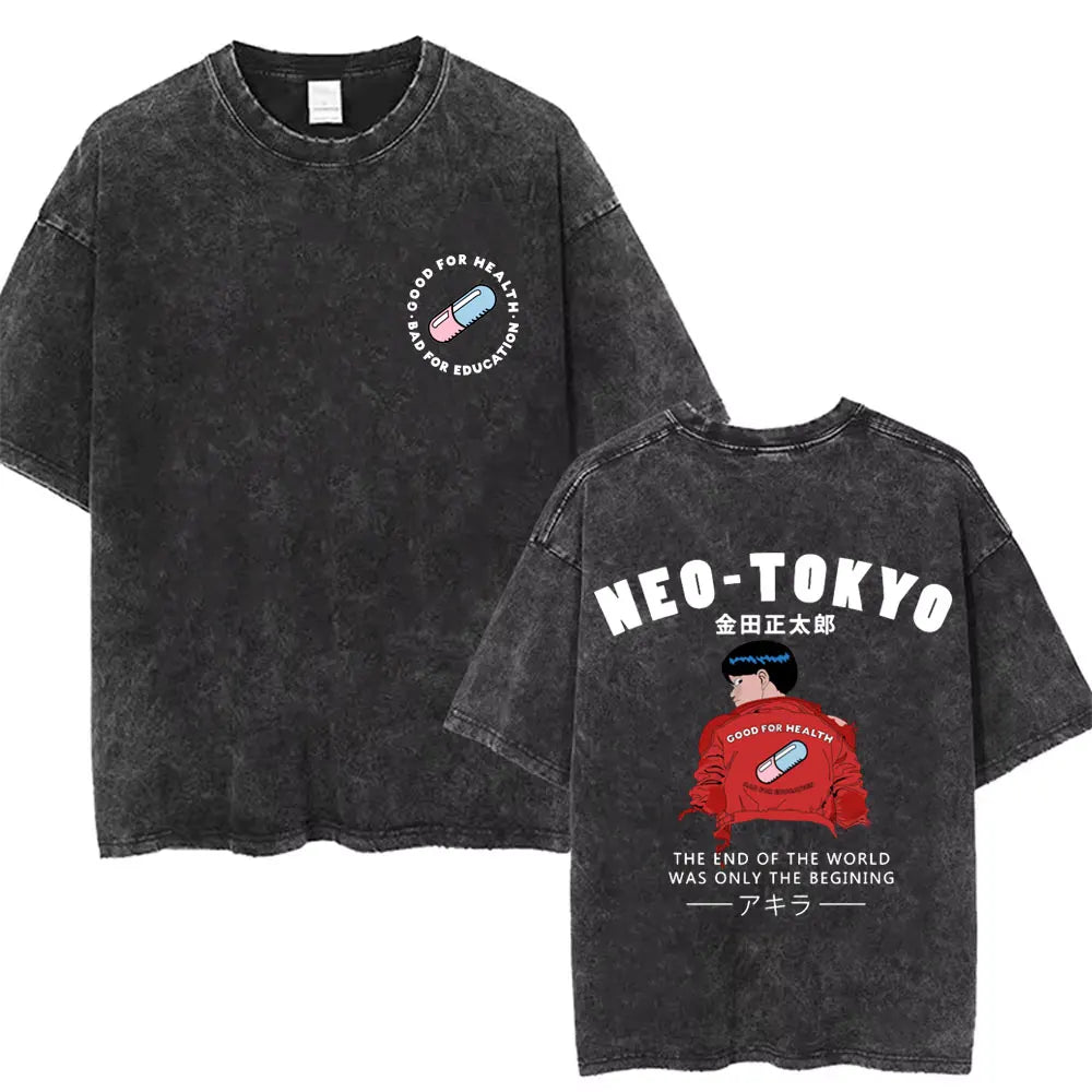 Washed Vintage Anime Akira T Shirts Japanese Science Fiction Cartoon Movie Shotaro Kaneda T-shirt Men's Manga Oversized T-shirts