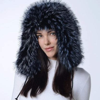 Plush Raccoon Fur Hat Women Thicken Faux Fur Earflap Hat Winter Warm Russian Ushanka Hats Windproof Furry Bomber Cap