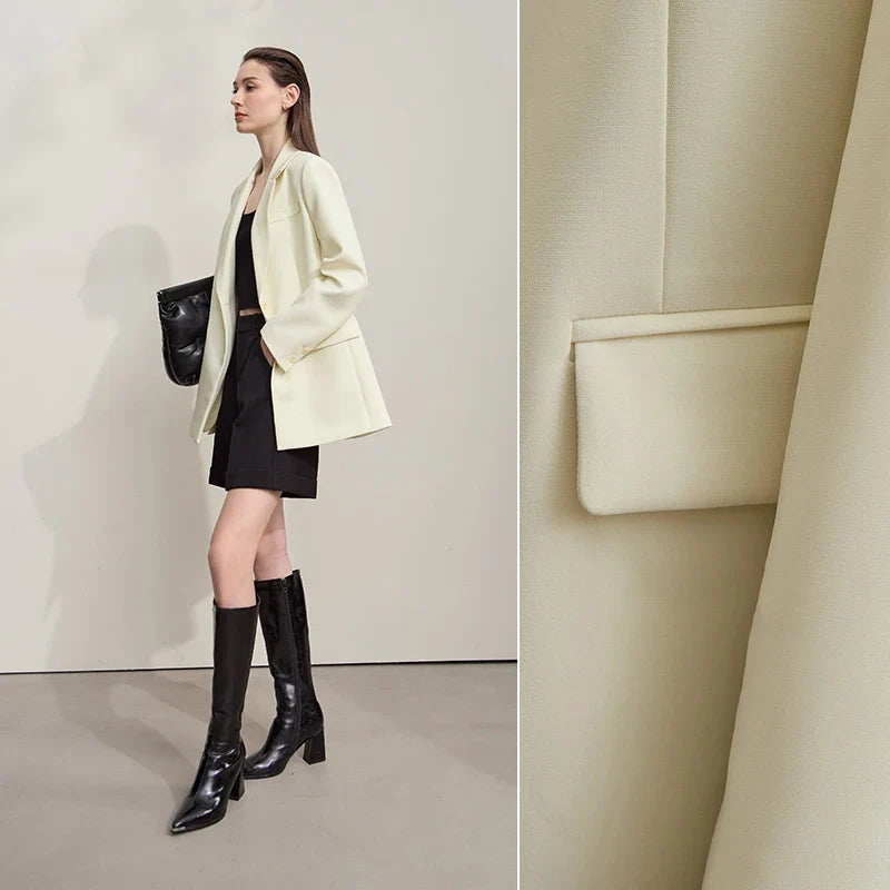 Blazers For Woman 2025 Autumn New Loose Beige Solid Elegant Blazer Ladies Long Sleeves Medium Long Women's Jacket 12553007