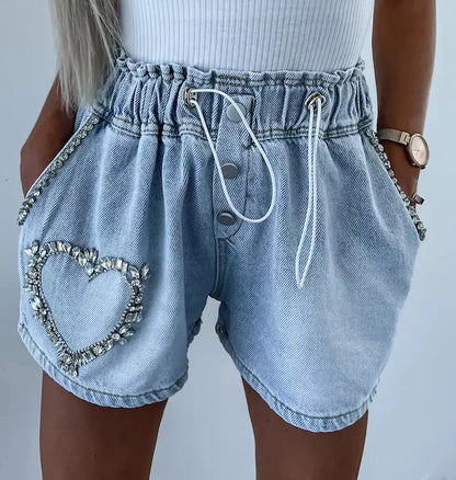 Denim Shorts for Women Streetwear Fashionable and Casual Rhinestone Versatile Y2k Cowboy Half Pants for Female Summer 2024 New
