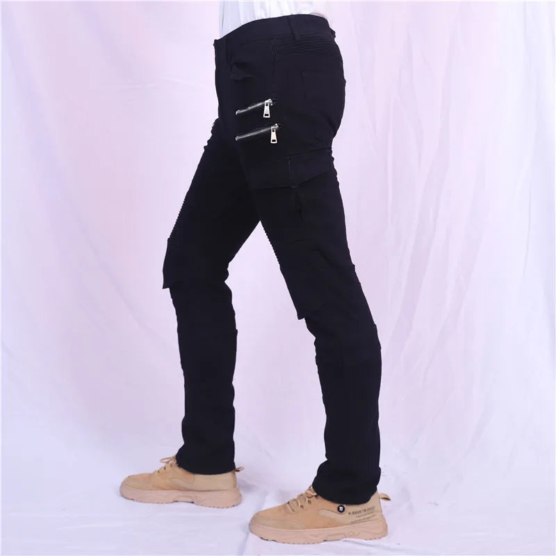 Double zipper Decoration Metal Style Motorcycle Leisure Motorcycle Men's Outdoor Riding Jeans Slim Pants With Protect Gears