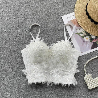 Women Hotsweet Sleeveless Sexy Chest Cushion Lace Backless Embroidered Beads Slim Straps Camis Top High Street Autumn Clothing