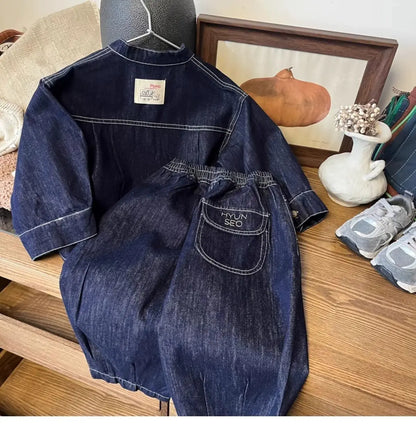 Korean Spring Autumn Sibling Costume Children's Loose Denim Jacket Jeans Suit Boys Girls Long Sleeve Top and Bottom 2 Pcs Set
