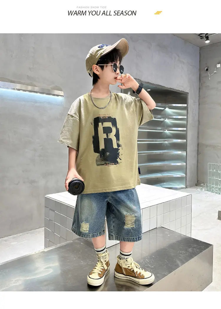 New Boys Fashion Summer 2pcs Cotton T-shirts+Denim Shorts Sporty Suits Teenage Kids Korean Style Outfits Sets Children Clothes