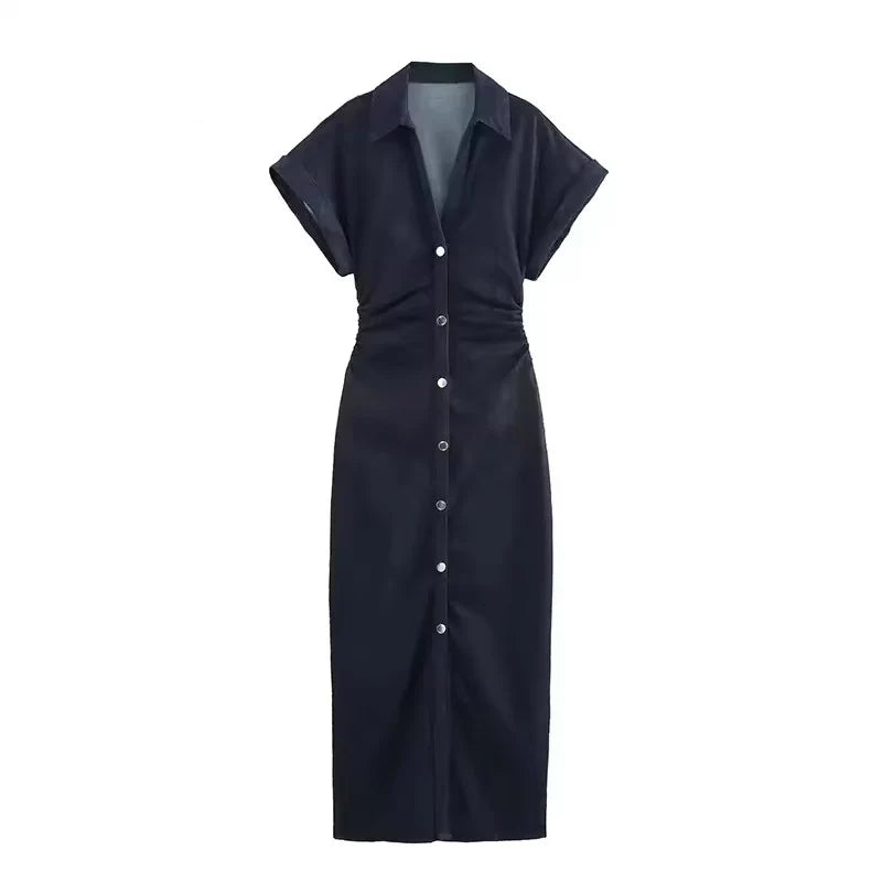 Denim Dress Women's Spring Summer Casual Long Dresses For Women 2026 New Fashion Ruched Short Sleeve Streetwear Midi Dress