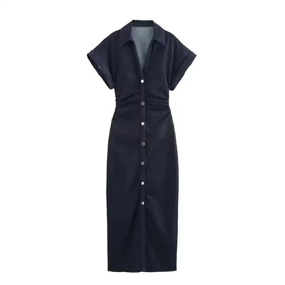 Denim Dress Women's Spring Summer Casual Long Dresses For Women 2026 New Fashion Ruched Short Sleeve Streetwear Midi Dress