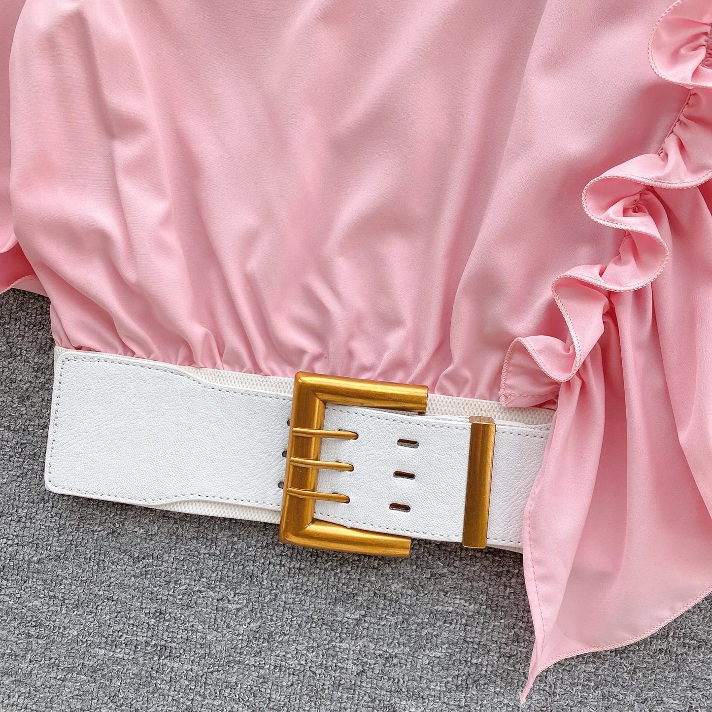 American Chic Blouse for Women Flounced Edge Skew Collar Bare Midriff Belt Skinny Shirts Summer Casual Female Tops Dropshipping