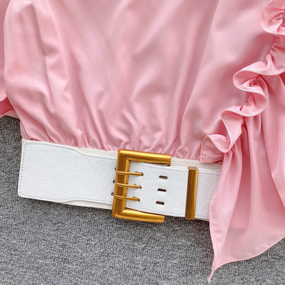 American Chic Blouse for Women Flounced Edge Skew Collar Bare Midriff Belt Skinny Shirts Summer Casual Female Tops Dropshipping