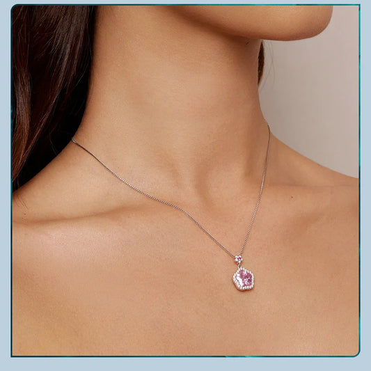 925 Sterling Silver Pink Flower Pendant Necklace Little Star Neck Chain Pave Setting CZ for Women Valentine's Day Gift