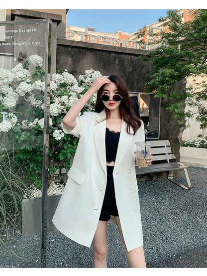 Korean Fashion Loose Thin Blazer Women Spring Autumn New Extra Large Mid Length Short Sleeved Women Coat Casual Outwear