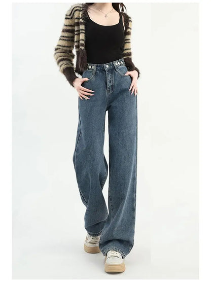 Winter Thick Warm Womens High Waist Jeans Fleece Lined Loose Fit Wide Leg Trousers Korean Style Stretchy Adjustable Waist  Jeans