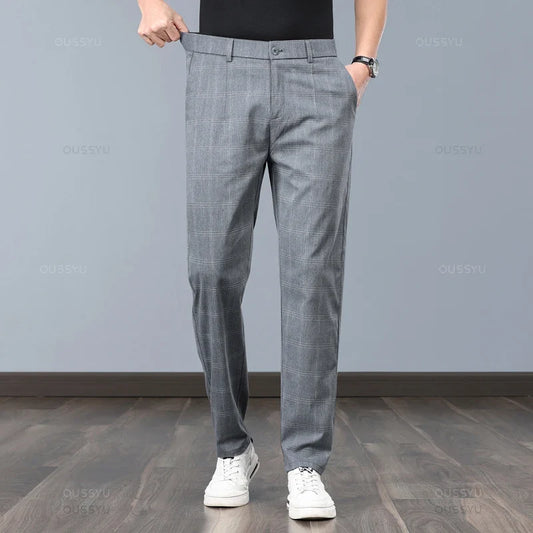 Summer High-Quality Classics Plaid Work Stretch Thin Pants Men Business Fashion Grey Black Party Casual Formal Trousers Male 38