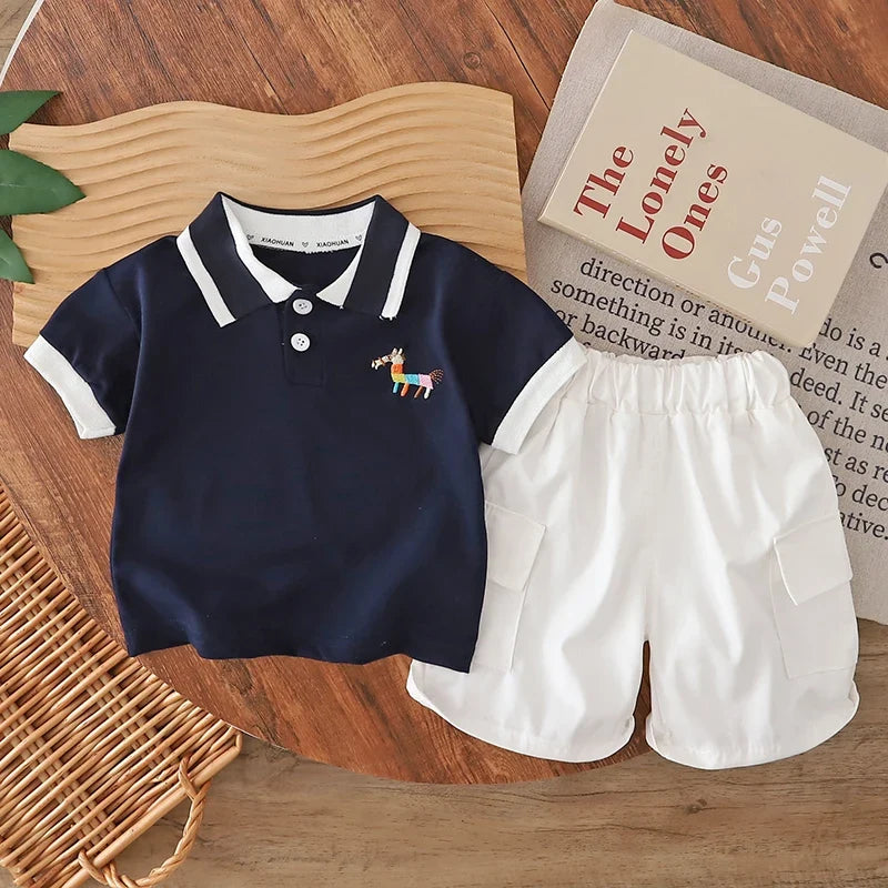 0-5 Years Old Kids Boys 2Pcs Polo Shirt Set Short Sleeve Navy Blue Horse Embroidery Top and White Shorts Summer Casual Wear
